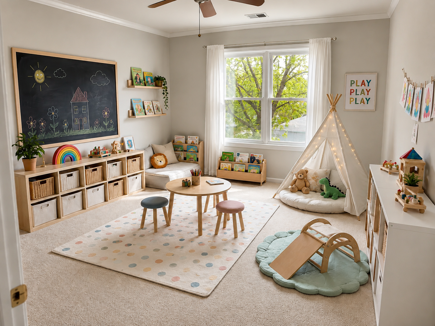 Kids' room after Lovspark Image Upscale — crisp toy, book, and teepee detail at 4K