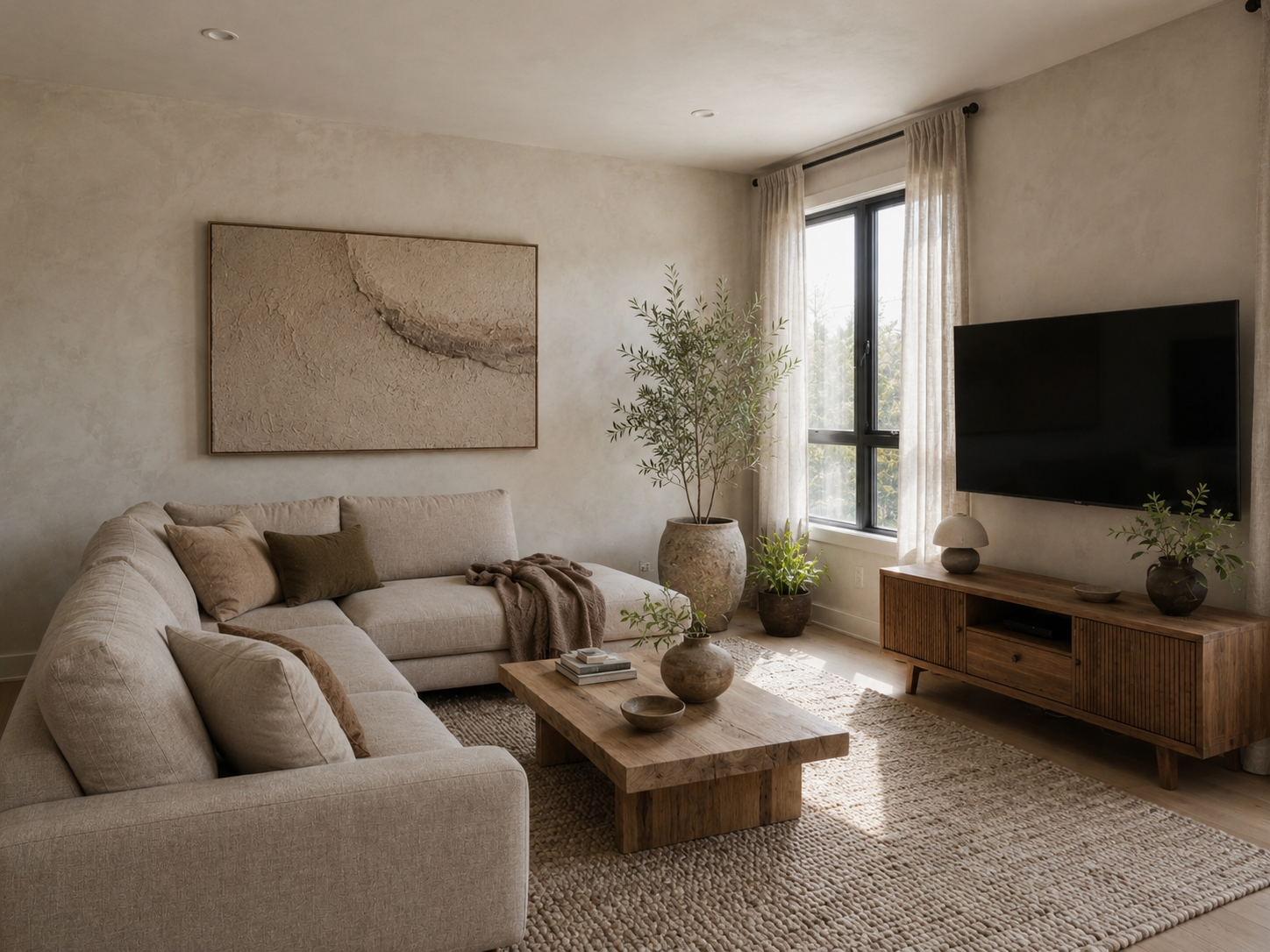 Redesign furnished room example: warm minimalist living room restyle — Lovspark AI