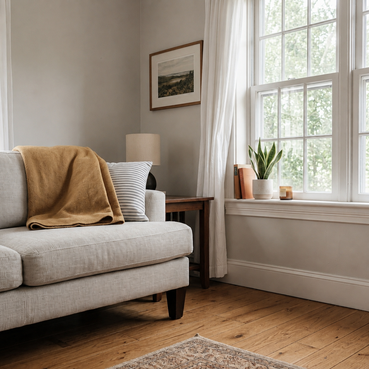 Room photo after AI white balance correction — neutral whites