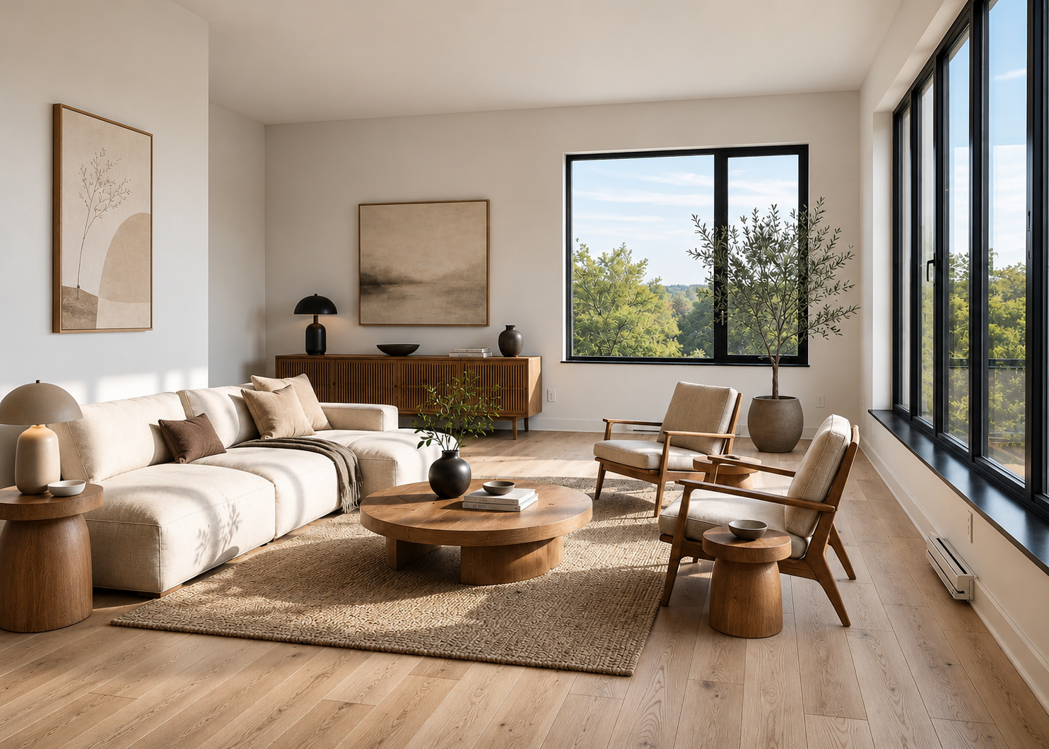 Modern living room after Lovspark Image Upscale — sharp window frames and floorboards at 4K