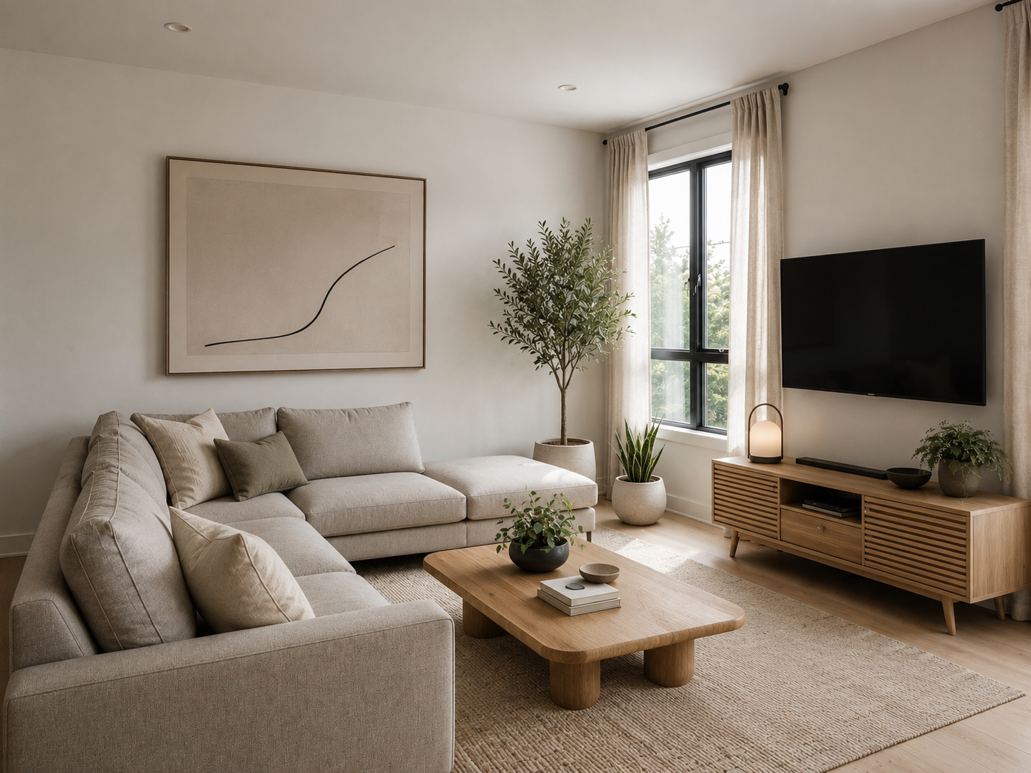 Redesign furnished room example: Japandi soft living room restyle — Lovspark AI