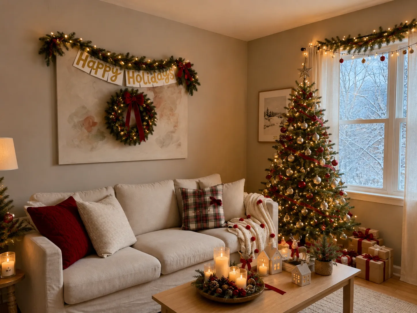 Holiday living room after Lovspark Image Upscale — crisp fairy lights and wreath detail at 4K